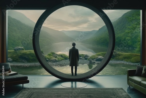 Man standing at a circular window overlooking a serene mountainous landscape