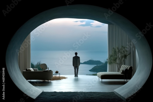 Modern architecture with a man standing at the entrance looking out to sea