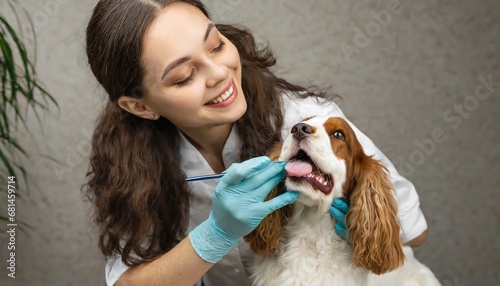  A veterinarian dentist examines the teeth of a spaniel dog close-up. Treatment of pets