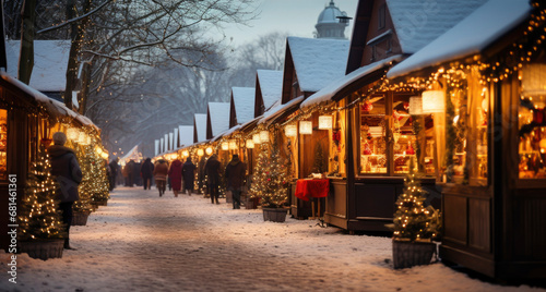 romantic christmas market with illuminated and decorated wooden shops in snow