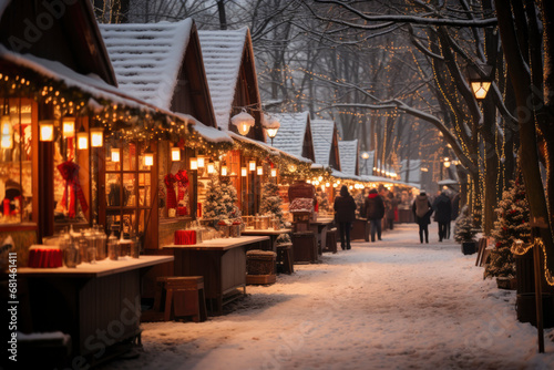 romantic christmas market with illuminated and decorated wooden shops in snow