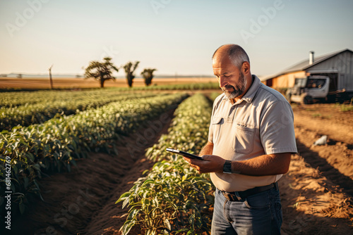 Farmer using his tablet to help manage the wheat harvest.