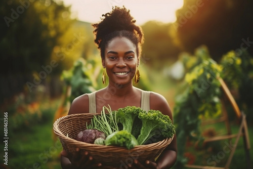 Black woman farmer with basket of fresh organic vegetables, happy gardener in apron and hat, rural agriculture lifestyle, sustainable living, homegrown produce harvest. Generative AI.