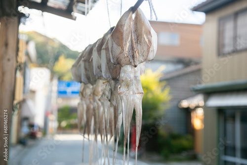 Squids hanging in a fish shop in Ogi, Sado Island, Japan.