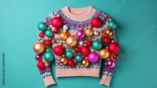 Funny ugly christmas sweater design with colorful christmas baubles