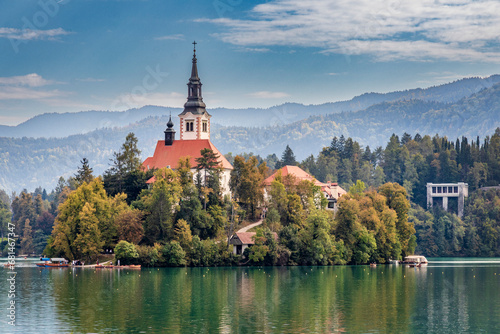 Bled, Slovenia. 09 30 2023. Island on lake Bled with old church