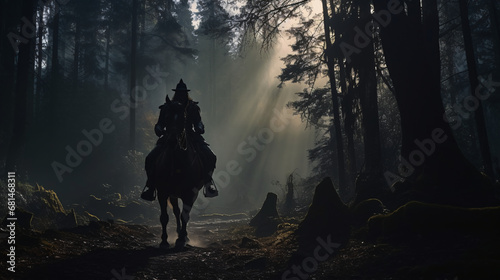 a medieval warrior on horseback silhouette. Generative ai