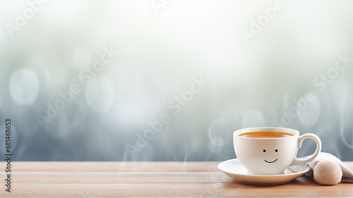 Smiling coffee cup on a table with bokeh background