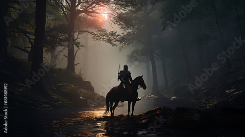 a medieval warrior on horseback silhouette. Generative ai