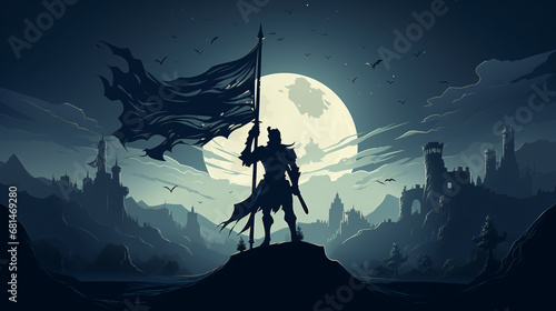 a medieval warrior on holding a flag silhouette. Generative ai