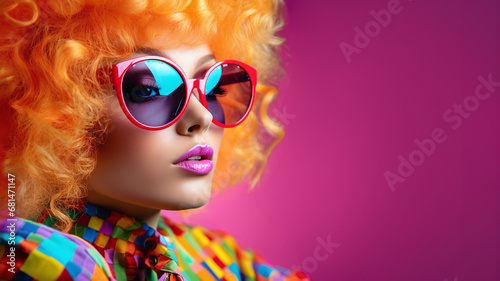 Close-up portrait of a fashionable young woman dressed in y2k style with large retro sunglasses, colourful shirt, make-up, wearing curly perm dyed orange, copy space.