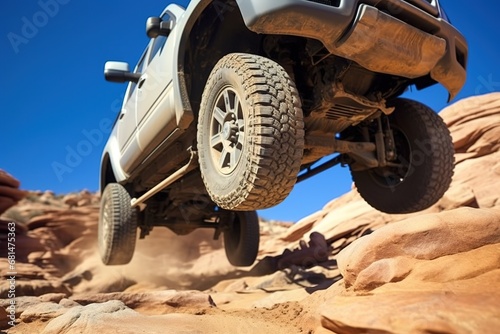 4x4 offroad vehicle jump in the dirt desert. showing a coil spring, suspension, tires and wheel