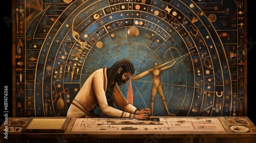 an ancient Egyptian mathematician solving complex geometric problems