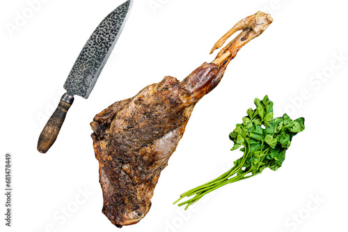 BBQ Roasted lamb mutton leg with herbs and spices on a grill. Transparent background. Isolated.