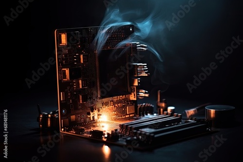 Dramatic scene of computer components undergoing intense overclocking and overheating