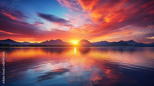 A stunning sunset over a serene lake with majestic