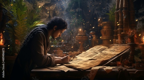 an Egyptian scholar deciphering the mysteries of ancient scrolls