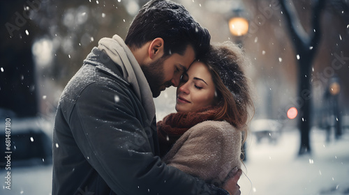 Man and woman hugging in winter park