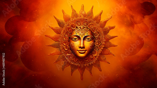 Sun God Surya, solar deity in Hinduism. Pongal, Makara Sankaranti - Hindu festival.