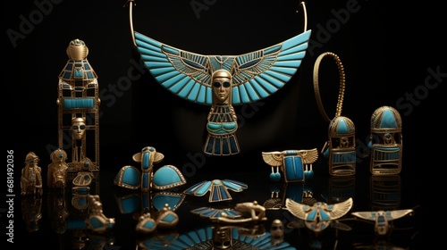an ornate Egyptian jewelry collection, each piece symbolizing different beliefs