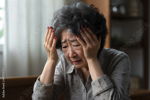 Forgetful asian senior woman with amnesia, brain disease, patient holding head with her hands, suffering from senile dementia, memory disorders, confused old elderly with Alzheimer's disease.