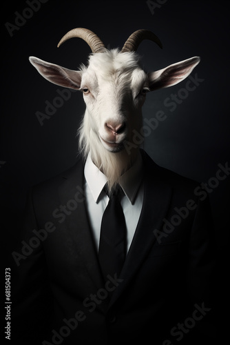 Cabra branca vestido com um terno elegante e uma bela gravata. Retrato fashion de um animal antropomórfico posando com uma atitude humana