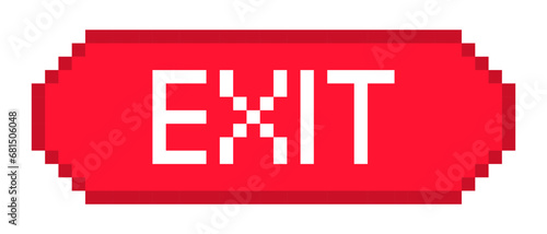 Red exit sign line icon. Stop, cancel, menu, game, control, button, sign, inscription, announcement, pixel style. Multicolored icon on white background.