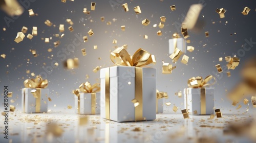 Happy New Year and Merry Christmas 2024, white gift boxes with gold bows and gold glitter confetti on a white background. Gift boxes fly and fall.
