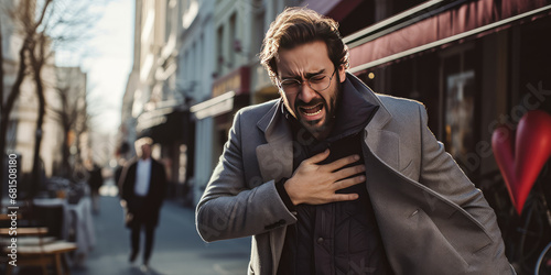 Adult man on street having heart attack, angina pectoris, myocardial infarction, chest pain, man feeling ill on street, timely prevention of cardiovascular diseases.