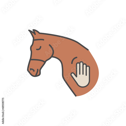 Icon of horse head and human hand touch. Concept for hippotherapy, horse therapy or healing. Physiotherapy for horses. Natural horsemanship. Equine Acupuncture. Vector illustration isolated on white.