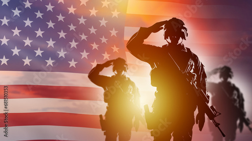 USA army. American soldiers salute as sun sets. Silhouettes of fighters from America. US soldiers participating in military operation. United States army. US armed forces. 3d image.