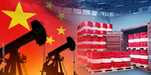 Oil industry of China. Sea container with barrels. PRC flag. Oil imports to China. Supplies of petroleum to people republic of China. Oil pumps near hangar. Hydrocarbon supplies to PRC. 3d image