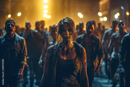 Young zombie girl among a crowd of zombies. Zombies are walking down the street. Apocalypse. Infection.