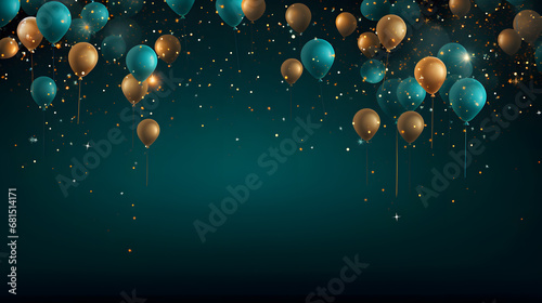 Green and golden balloons with sparkles high detailed dark background. Framework template with balloons for congratulation 