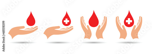  Hands holding blood droplet with cross sign, Give blood donation icon set, blood transfusion vector icon