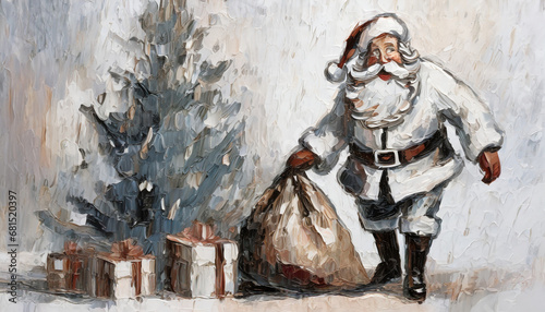 Święty Mikołaj z prezentami i choinką. Ilustracja obraz