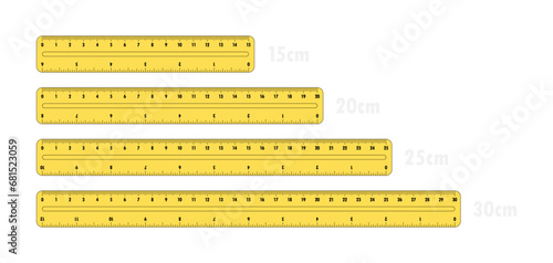 Set of plastic yellow rulers 15, 20, 25 and 30 centimeters. Measuring tool for work and learning. Ruler with double side measuring inches and centimeters. Vector illustration