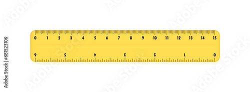 Yellow plastic ruler 15 centimeters. Measuring tool for work and learning. Ruler with double side measuring inches and centimeters. Vector illustration