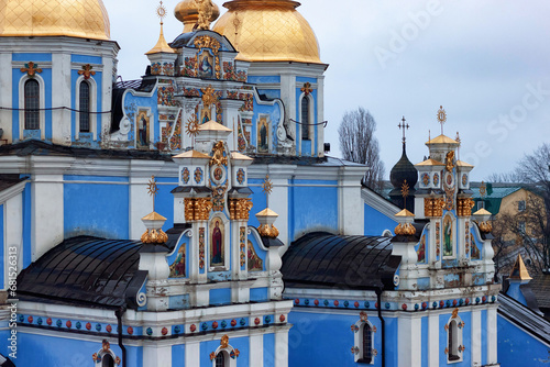 View of the St. Michael Golden-Domed Monastery. Kyiv, Ukraine. Built in the Middle Ages. The exterior was rebuilt in the Ukrainian Baroque in the 18 century while the interior remained Byzantine style