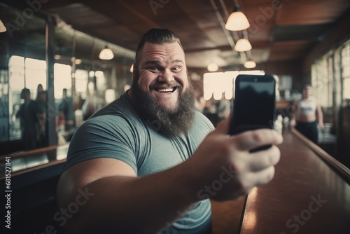 Happy Overweight Man Capturing Gym Selfie Before Workout Photorealism