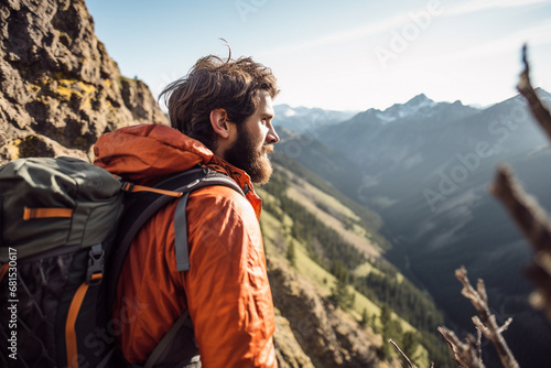 connection between humans and nature in hiker's ascent up mountain cliff, embodying landscape's scale, pursuit of goals, and beauty of embracing wilderness