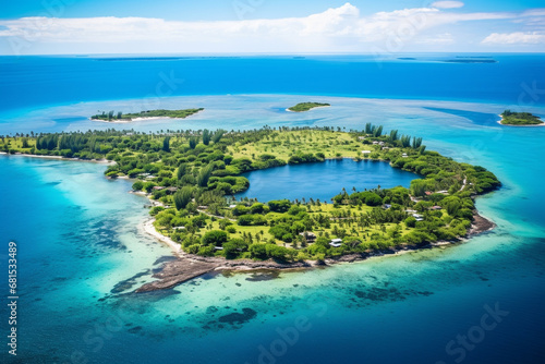 breathtaking aerial view of island, showcasing diverse landscapes, coral reefs, and sense of wonder and perspective gained from bird's-eye view of this coastal paradise