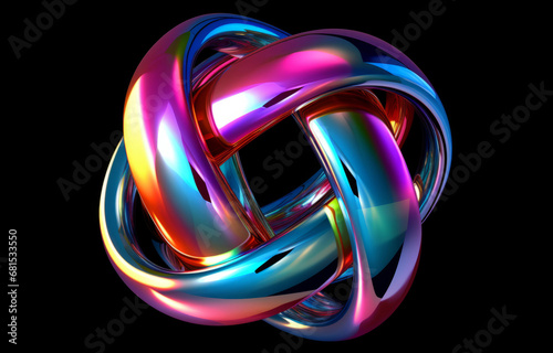 Abstract, knot and iridescent coloured loop render for wallpaper, background and digital design. Colourful, vibrant and creative closeup of organic design shapes and smooth curves on a black backdrop