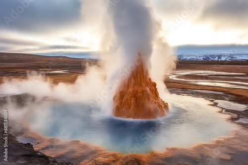 awe-inspiring eruption of geyser in Iceland, with towering column of water, geothermal landscapes, and primal forces of Earth on display --v 5.1