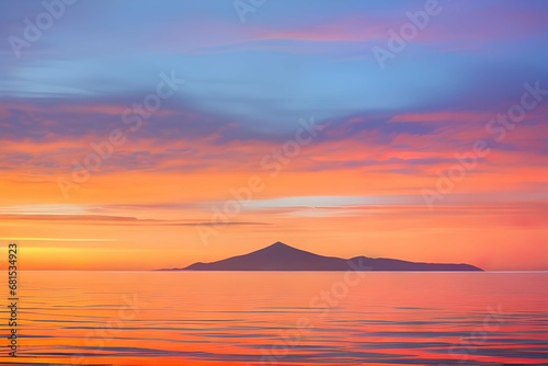 穏やかな湖面：オレンジ、ピンク、青のグラデーションが広がる空と、その色が静かな湖面に反射し、地平線は山々のシルエットで描かれている、日の出または日没の風景