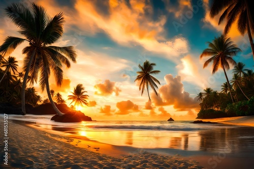 Paradise beach sunset tropical palm trees naturaly HD glow