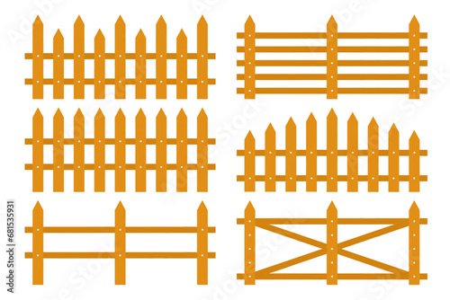 Cartoon wooden fence vector set, garden or farm palisade, gates or balustrade with pickets. Enclosure railing, banister or fencing sections with decorative pillars. Vector illustration