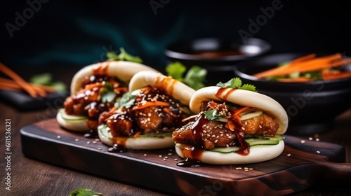 Asian cuisine. Closeup view of pulled pork baos buns with pickles, sauce and fried sweet potatoes, in a black dish on the wooden table.