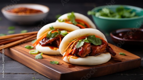 Baos buns with pickles, sauce and fried sweet potatoes, in a black dish on the wooden table.