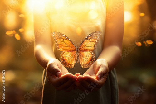 Hands holding butterflies, freedom concept
